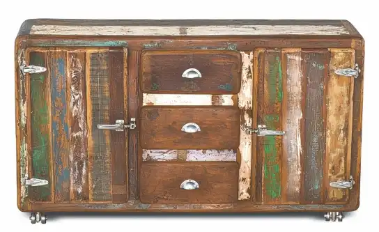 Reclaimed Ice Box Side Board with 3 Drawers & 2 Doors on Rollers - popular handicrafts